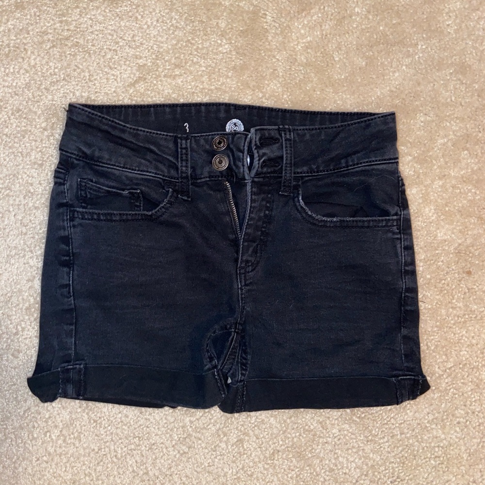 Double button, high waisted, black, S.O., midi jean shorts.